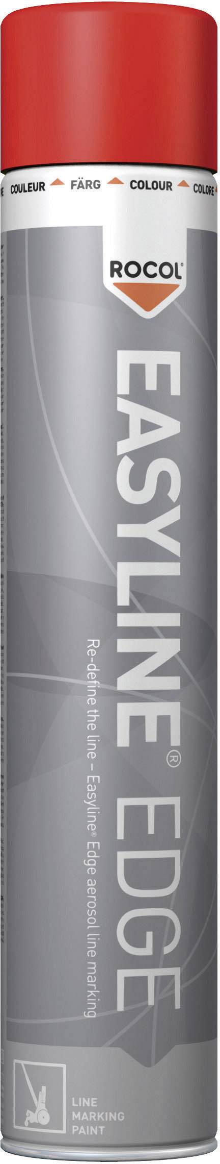Red spray can of the brand 'Rocol', product name 'Easyline Edge'. Contains spray paint, suitable for simple floor markings.