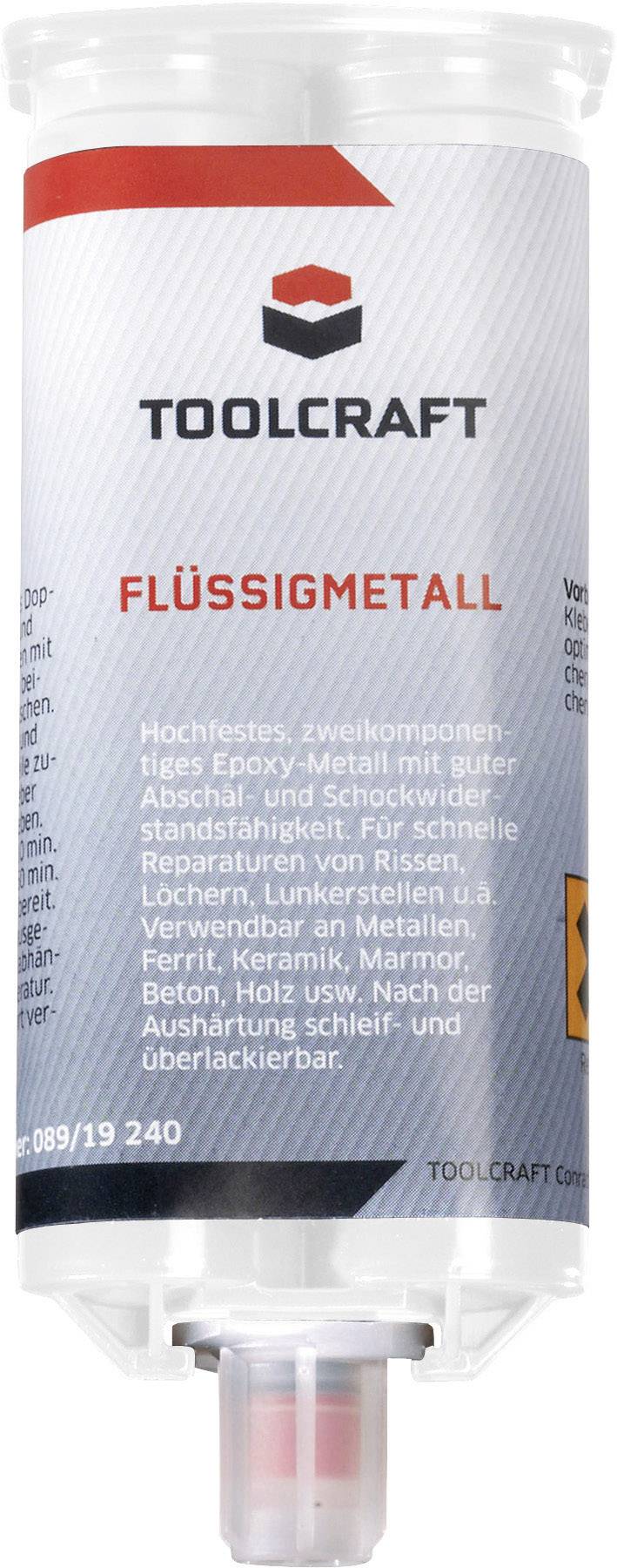 A tube of TOOLCRAFT liquid metal epoxy resin for quick repairs of cracks and holes in metals and other materials.