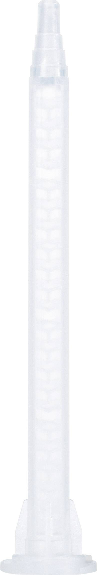 A transparent static mixer, used for evenly mixing liquids in cartridges.