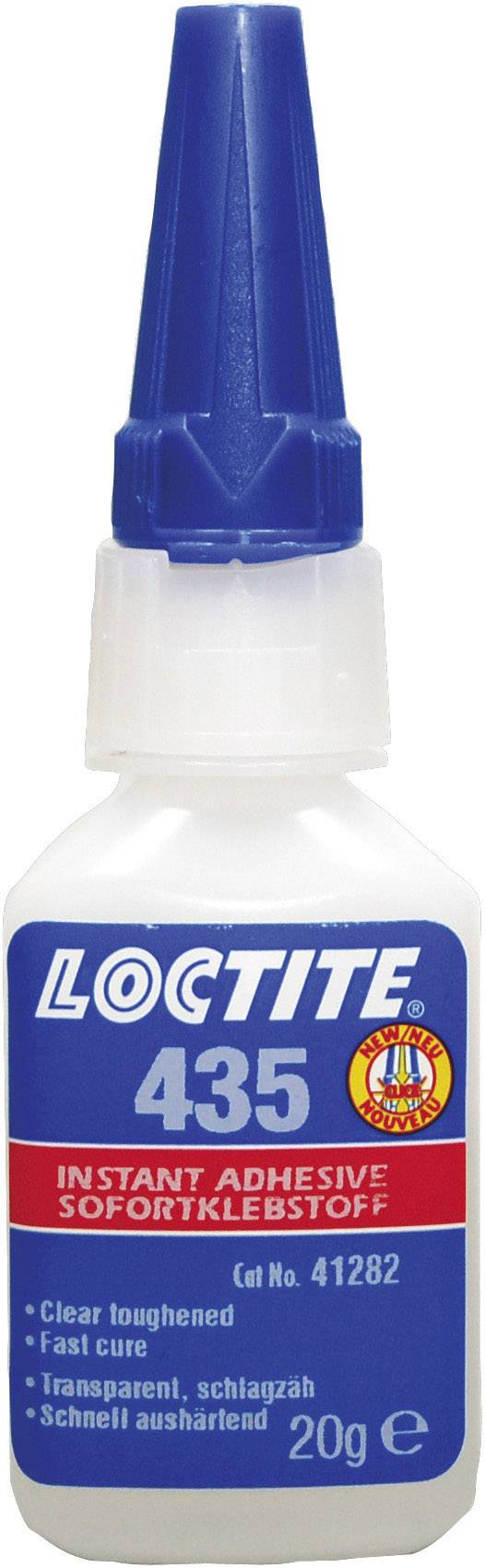 Kleber bottle with blue cap, inscription 'Loctite 435', 'Instant Adhesive', 20g. Contains information about rapid curing and transparency.
