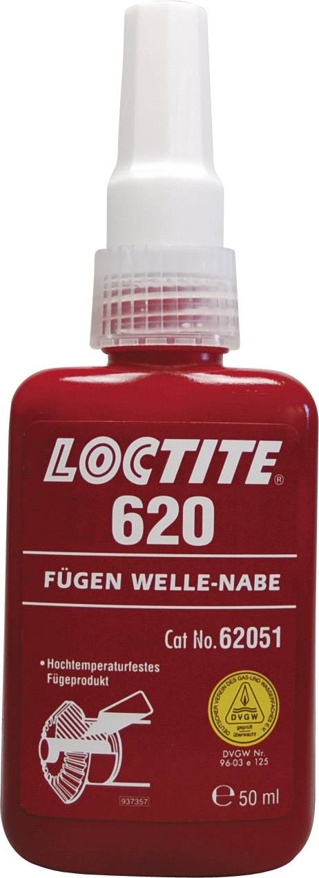 Red Loctite 620 Bottle, Bearing Fitting Shaft-Hub, Cat No. 62051, 50 ml. Suitable for High Temperatures.