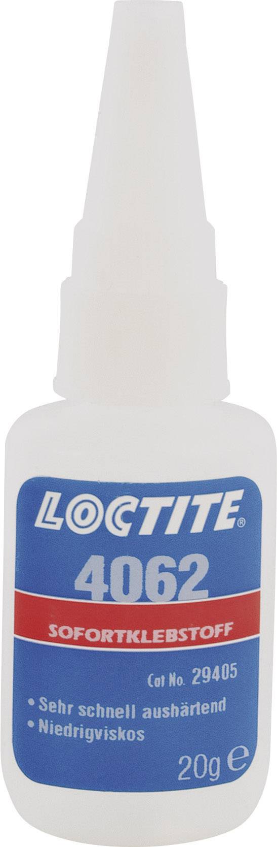 Loctite 4062 Instant Adhesive Bottle with blue and red labelling; note on rapid curing and low viscosity, contents 20g.