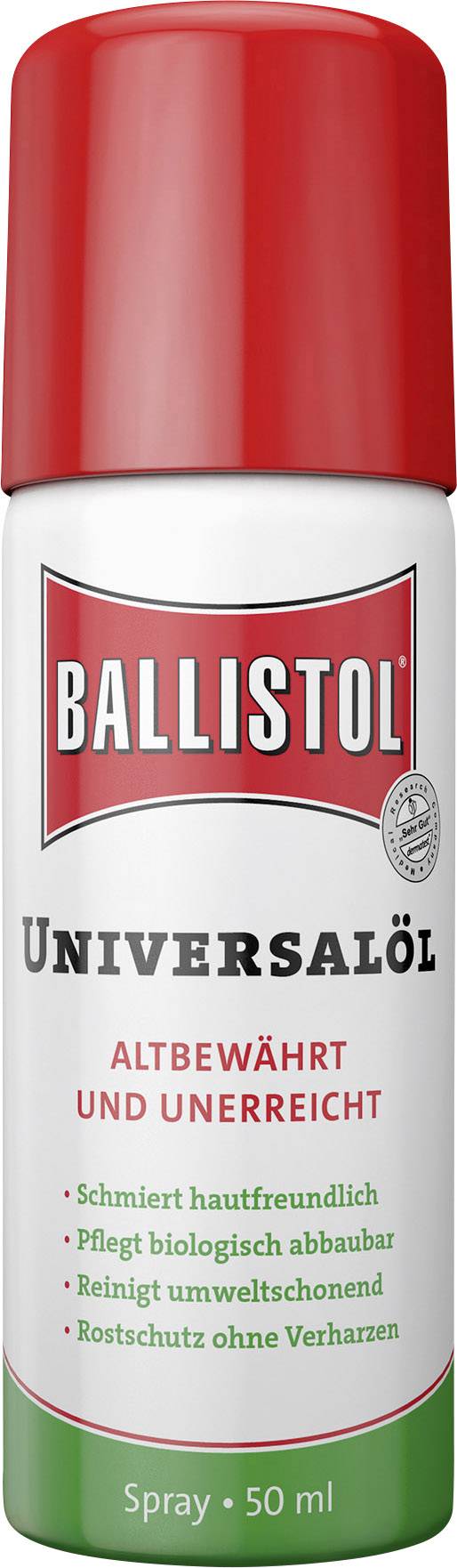 Spray can with red lid. Labelled: 'Ballistol Universal Oil', 'Time-tested and unrivalled.' Contains 50 ml. Lubricates and protects.