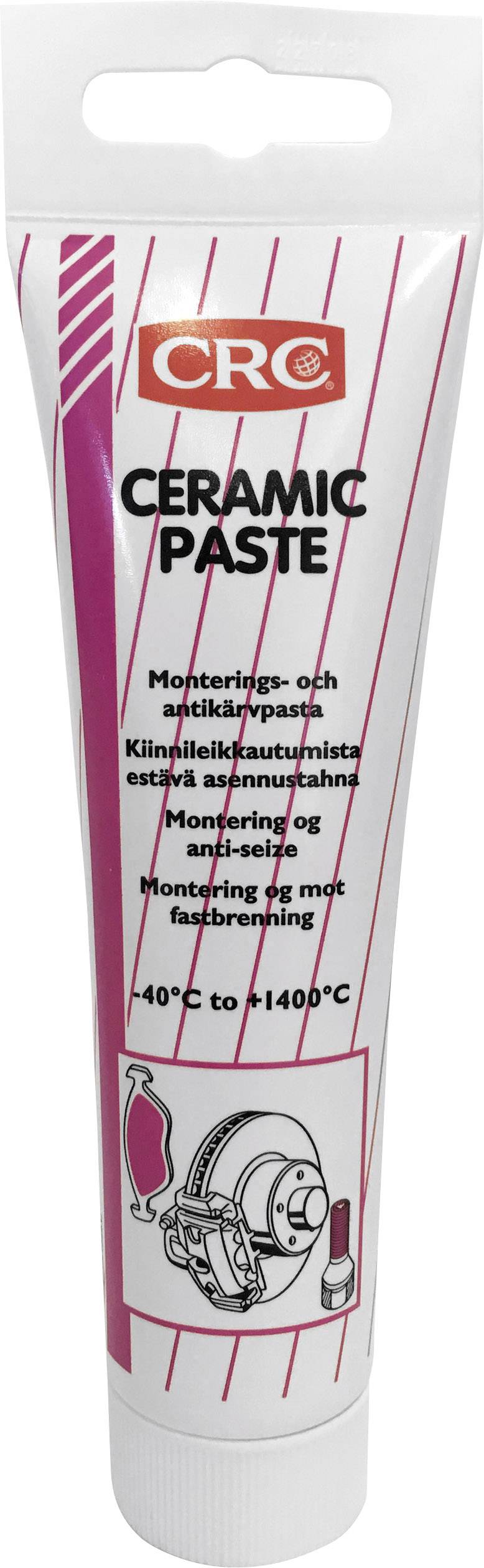 Tube with the label 'CRC Ceramic Paste', suitable for installation from 40°C to 1400°C, with an illustration of an automotive part next to a wall plug.