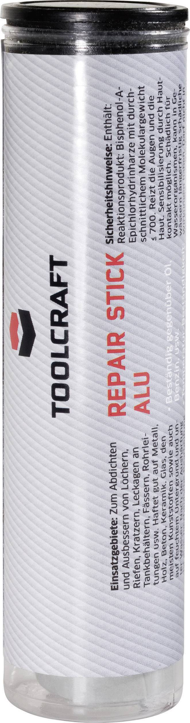 Cylindrical packaging of a 'TOOLCRAFT Repair Stick' for aluminium. Contains instructions for use and precautions.