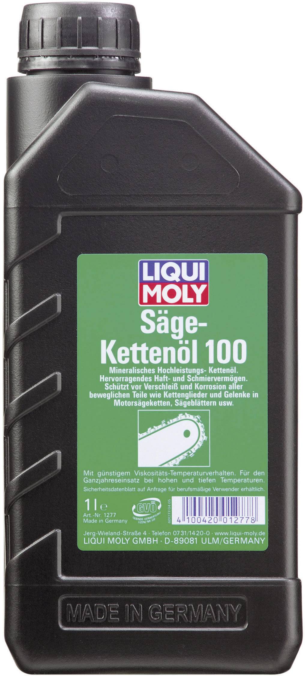 A 1-litre container of 'LIQUI MOLY Saw Chain Oil 100', specifically designed for chainsaws, for lubricating chains and joints. Manufactured in Germany.