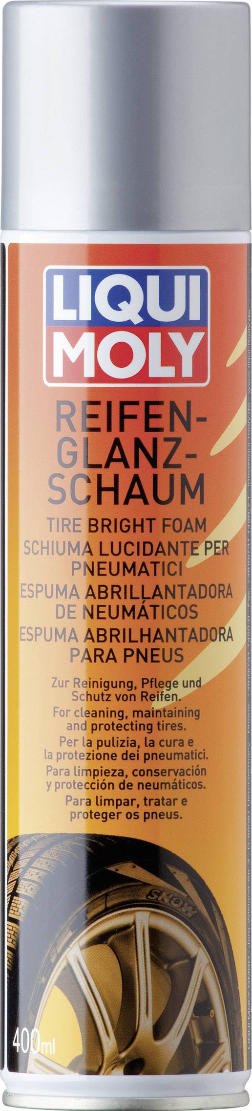 Spray can of tyre care product 'LIQUI MOLY Tyre Shine Foam'. Used for achieving a glossy appearance and protection of car tyres.