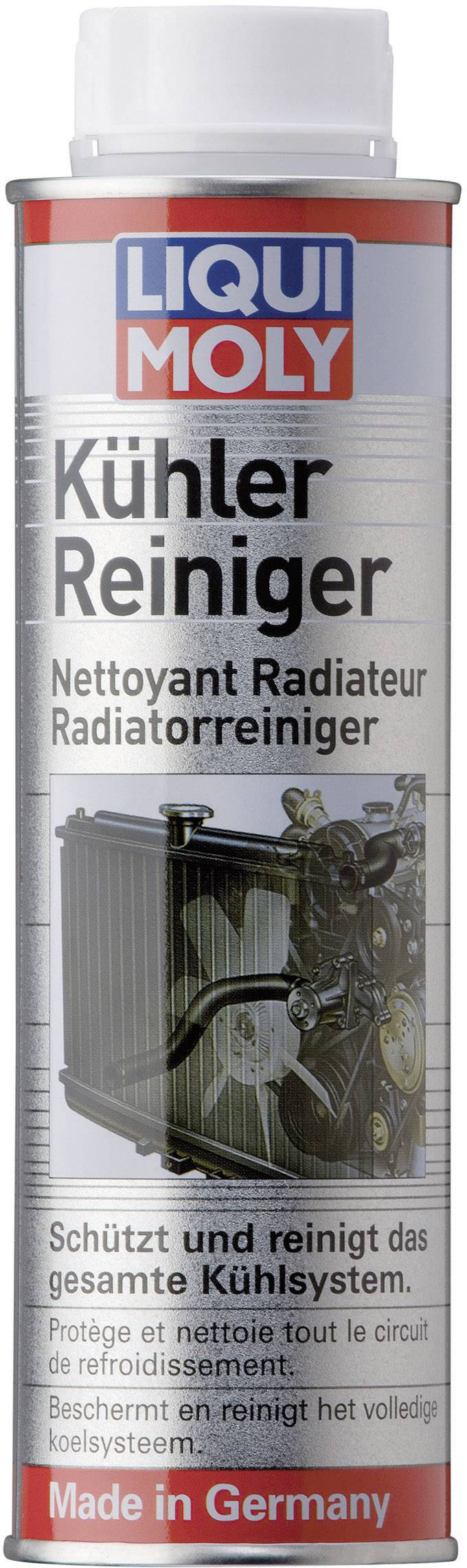 Bottle with the label 'Liqui Moly Radiator Cleaner'. Cleans the cooling system, manufactured in Germany.