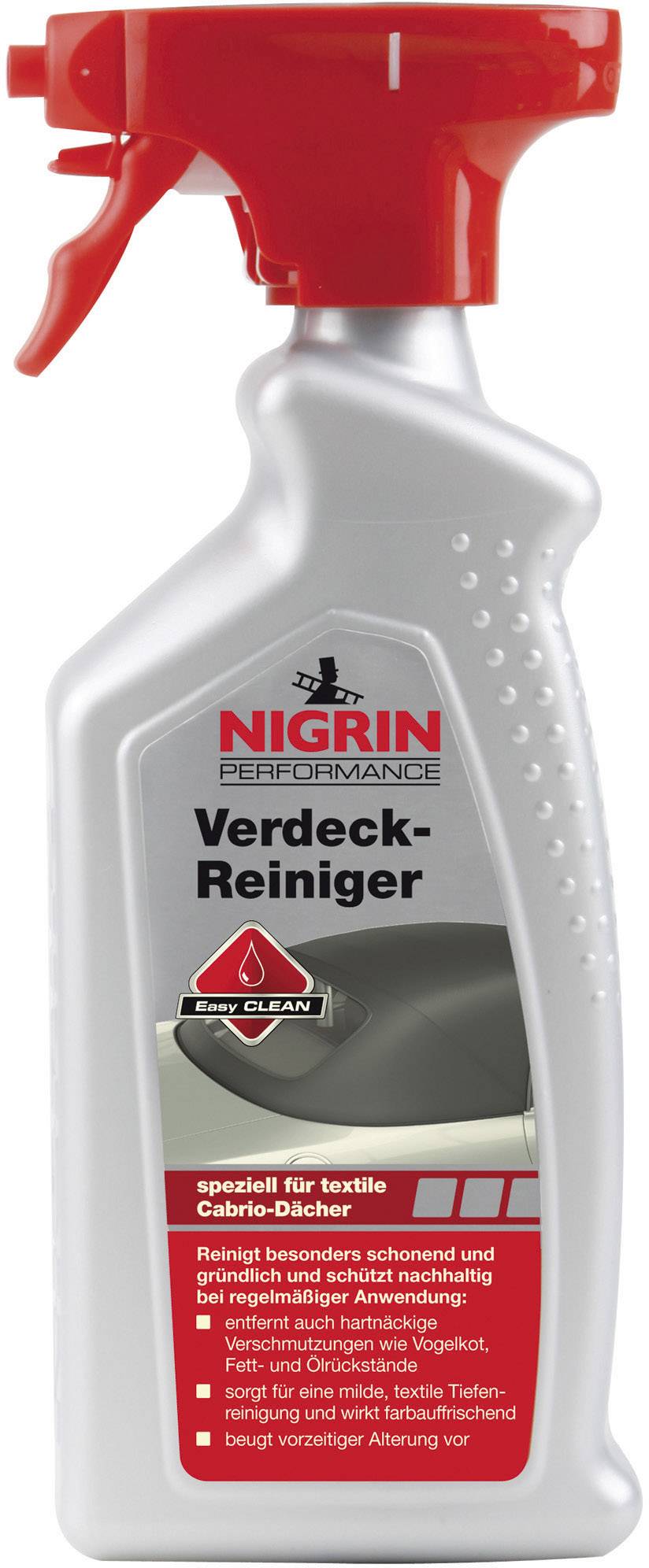 Nigrin Fabric Convertible Hood Cleaner: Spray bottle for cleaning textile convertible roofs. Particularly gentle and long-lasting against dirt and stains.