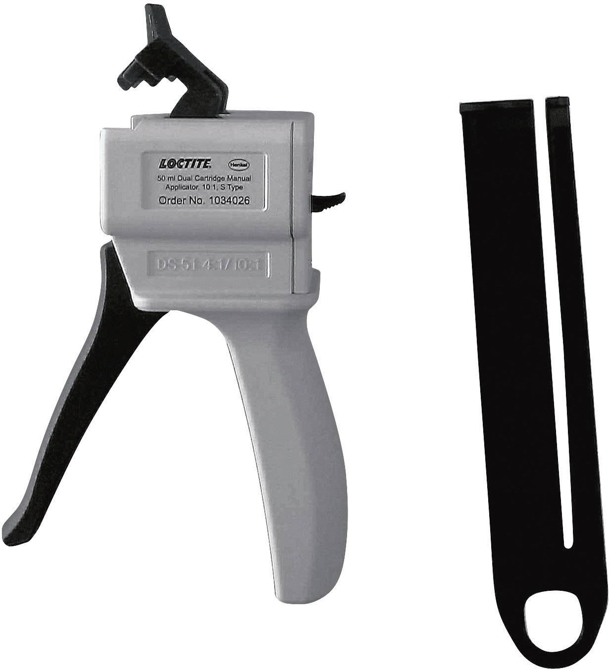 A manual 50 ml double cartridge gun from Loctite, positioned next to a black tool component. Order number visible on the print.