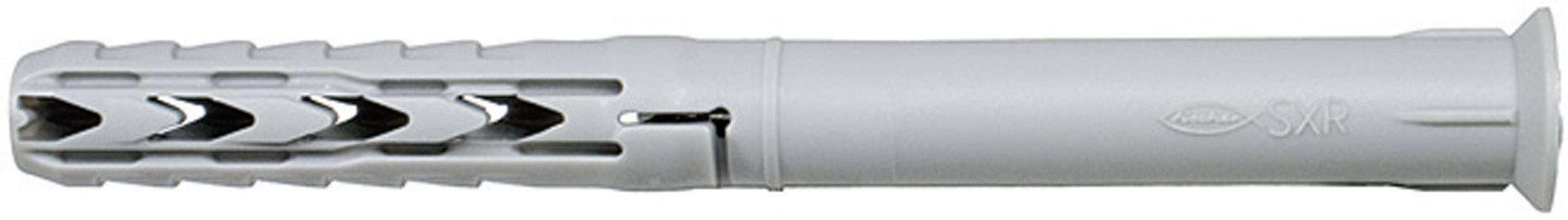 A grey plastic wall plug with a ribbed surface and expansive design, suitable for fixing in solid building materials.