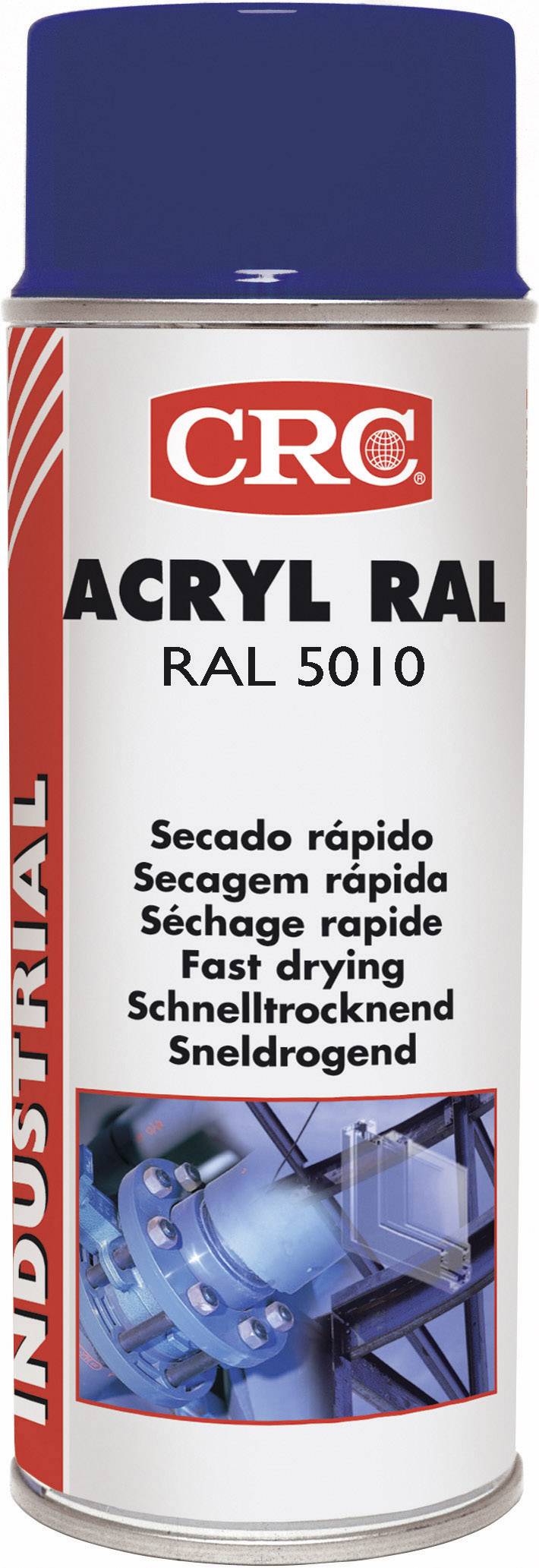 Aerosol spray can with 'CRC ACRYL RAL 5010', Quick-drying, blue paint, for industrial applications.