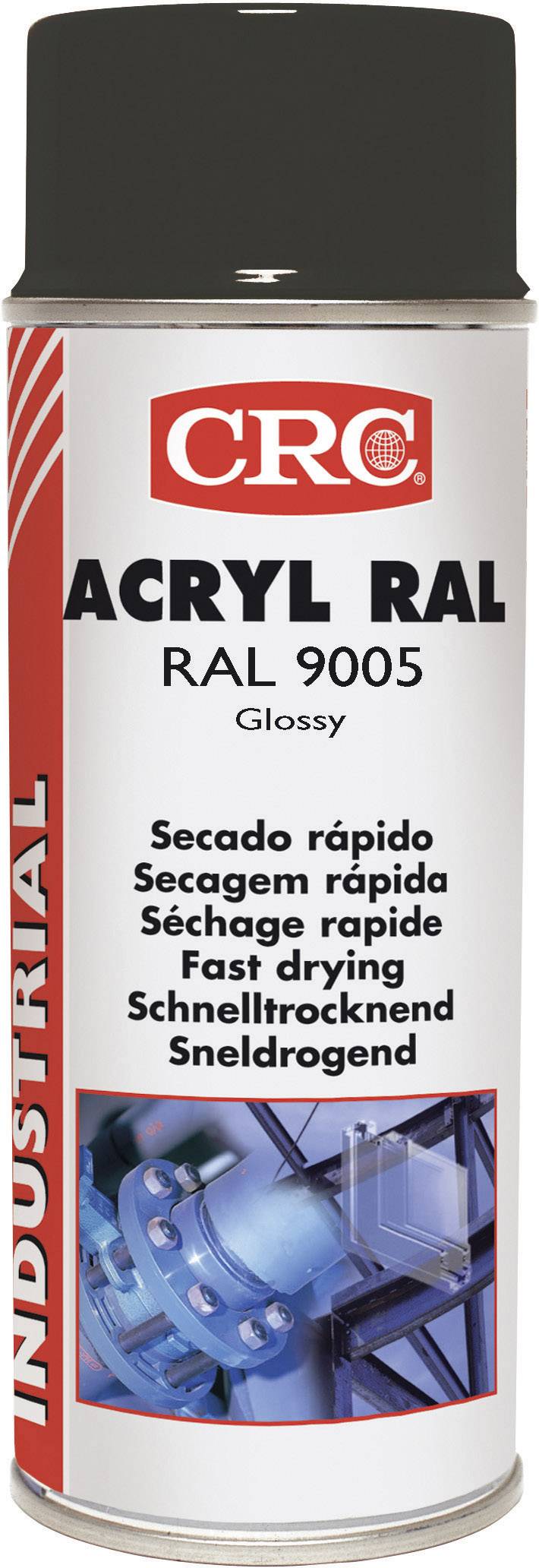 Aerosol spray can with acrylic paint RAL 9005, gloss finish. Brand name at the top, label indicates 'quick-drying' in multiple languages. Image of a metal component.