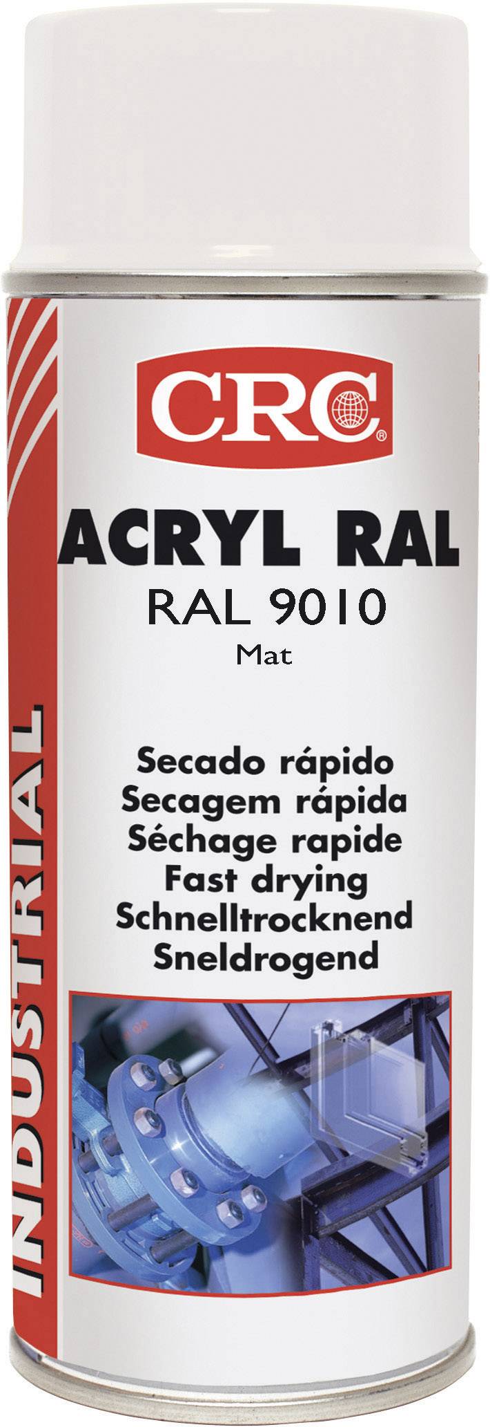Spray can with quick-drying, matt acrylic paint spray, colour RAL 9010. Suitable for industrial applications.