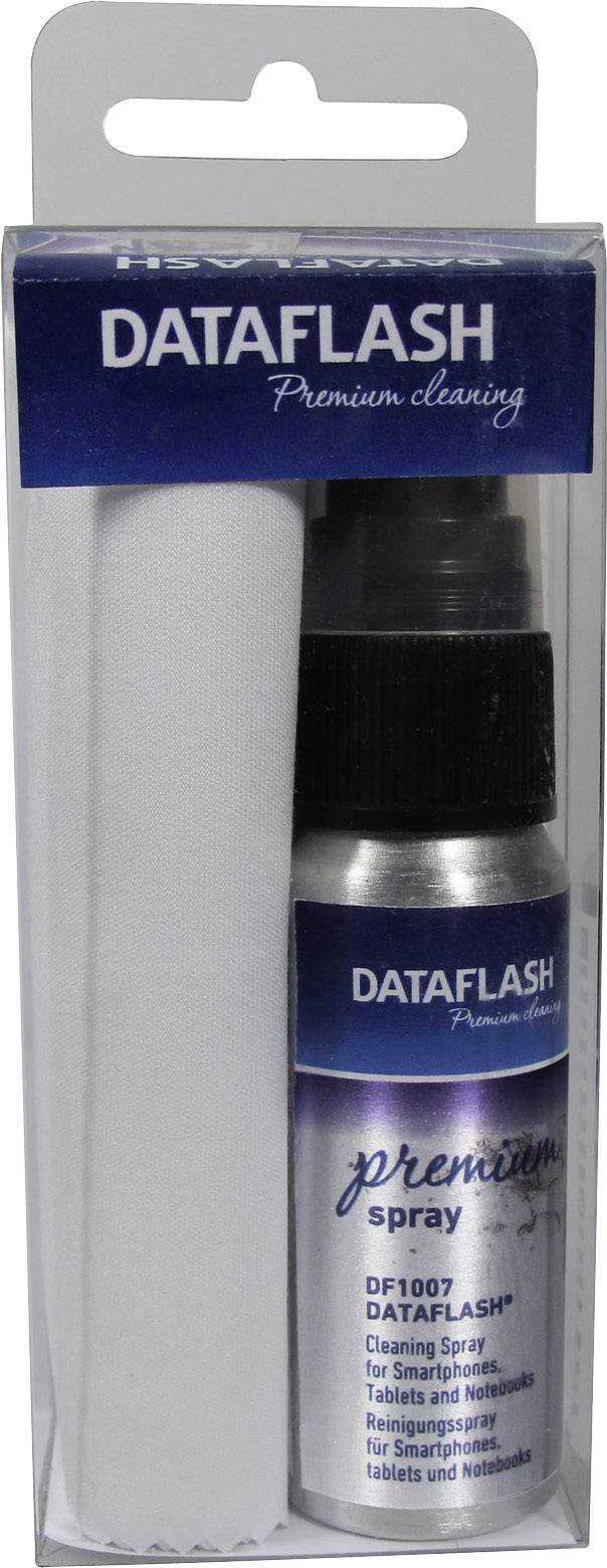 Cleaning set comprising a cleaning spray and a white cloth, packaged in a plastic box, with the inscription 'DATAFLASH'.