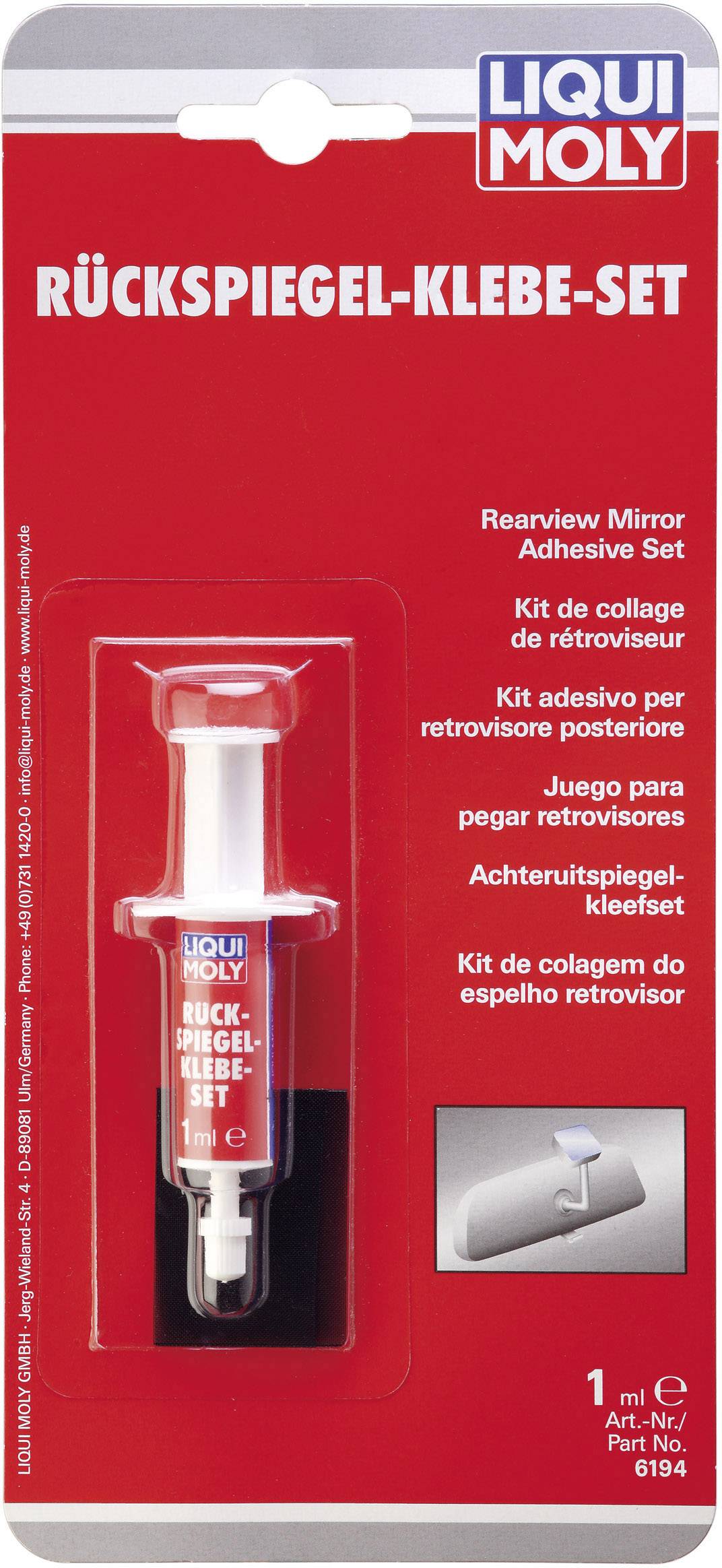 'Rear-View Mirror Adhesive Kit' by LIQUI MOLY, red packaging design with a glue syringe visible. Instructions in multiple languages.