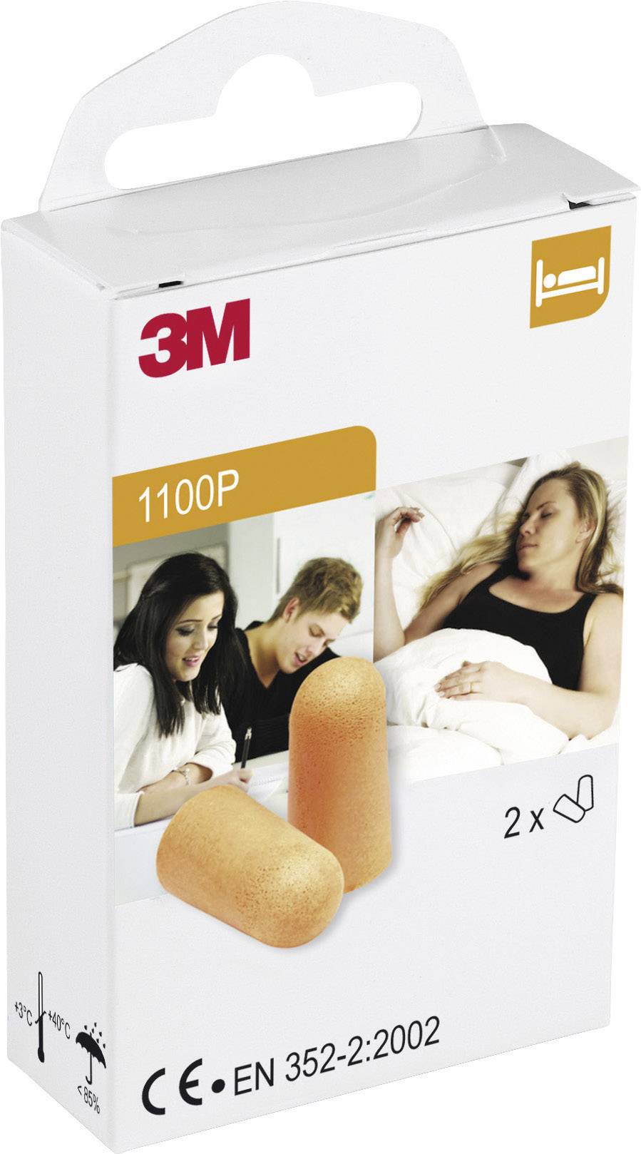 Packaging for 3M Earplugs, Model 1100P, suitable for sleeping. Contains two pairs. CE-certified to EN 352-2:2002.