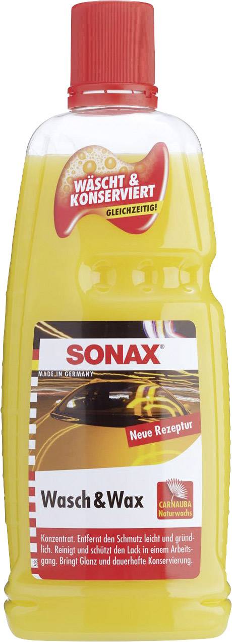 Yellow Sonax Wash & Wax bottle with a red lid. Label reads: 'New Formula', 'Washes & preserves simultaneously'. Contains carnauba wax.