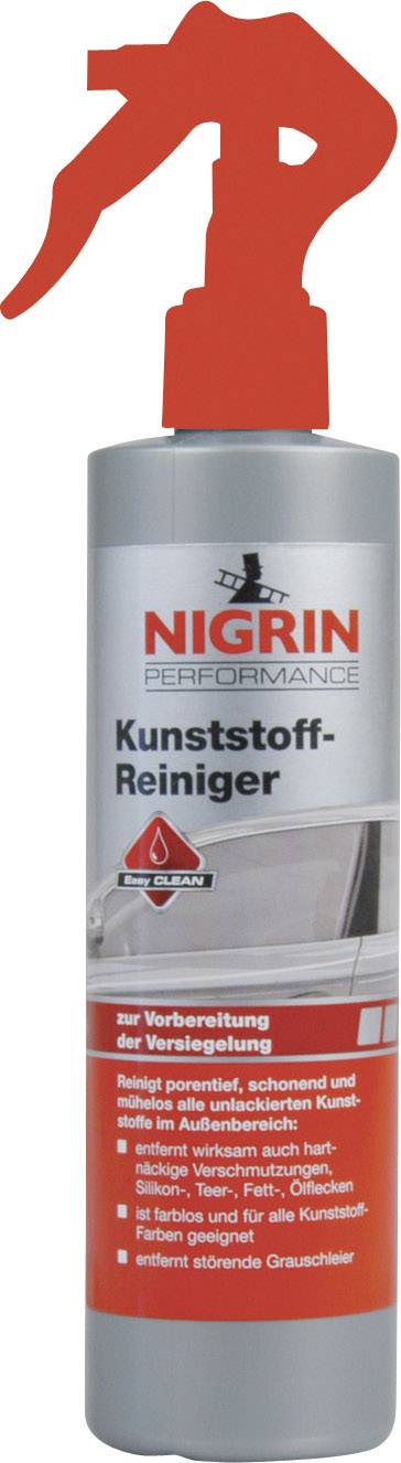 A grey spray bottle of 'NIGRIN Plastic Cleaner'. The cleaner is suitable for preparation before sealing and can be used in a car.
