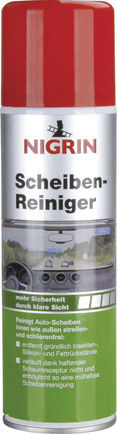 Tin with a red lid and label: 'Nigrin Window Cleaner'. Promises streak-free shine and prevents dirt build-up.