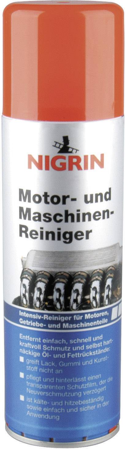 'Engine and Machinery Cleaner' spray can by Nigrin. Cleans engines and machinery. Text on the can describes the application.
