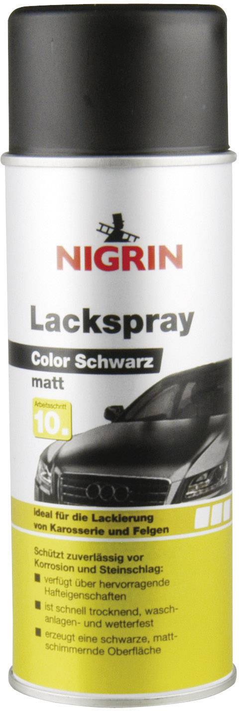 A Nigrin spray can with the label 'Lacquer Spray Colour Black Matt'. Suitable for painting bodywork and wheels.