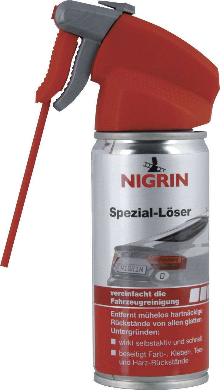 A spray can with a red spray nozzle and yellow liquid container, labelled 'Nigrin Special Solvent' with an image of a car.