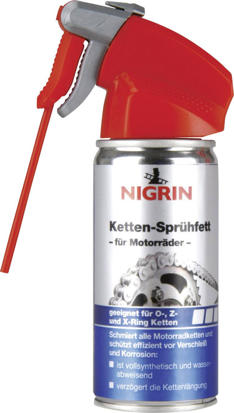 Spray can with red spray nozzle for chain lubricant, suitable for motorcycle chains to protect against wear and corrosion.