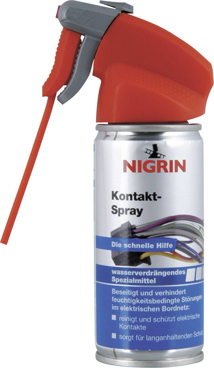 Spray can with Nigrin logo, red spray nozzle. Inscription: 'Contact Spray'. For electrical contacts. Water-repellent, cleans and protects.