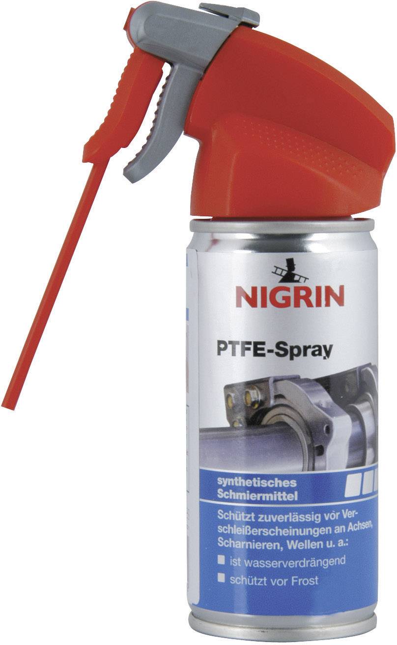 Spray can with red cap, labelled 'NIGRIN PTFE Spray'. Synthetic lubricant with the following features: reduces wear, water-resistant, frost-protection.