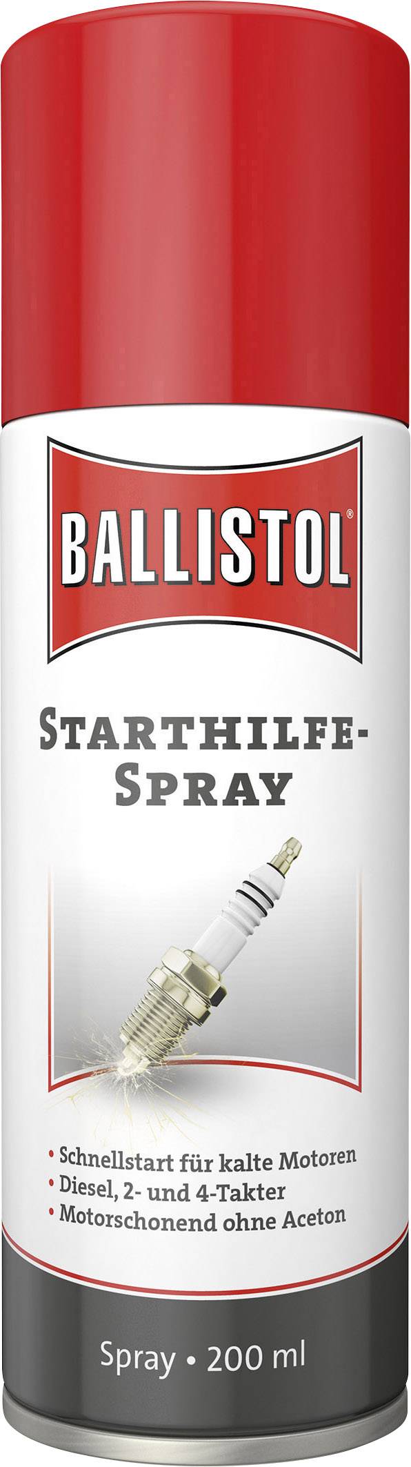Red spray can 'BALLISTOL Starting Aid Spray'. Contains starting aid spray for cold engines, suitable for diesel, 2-stroke and 4-stroke engines.