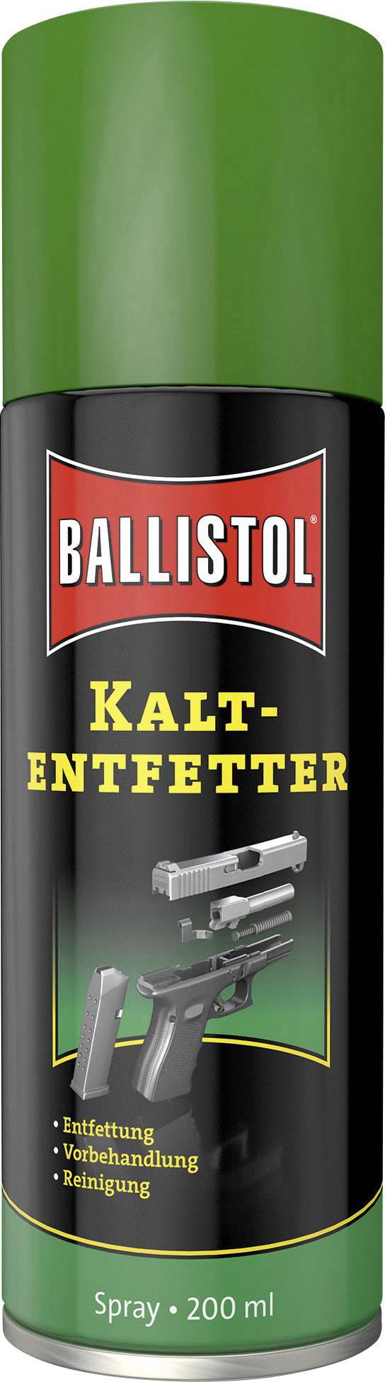 A spray can of Ballistol Cold Degreaser with a green lid. Label reads: 'Degreasing, Pre-treatment, Cleaning'. Graphic of a pistol.