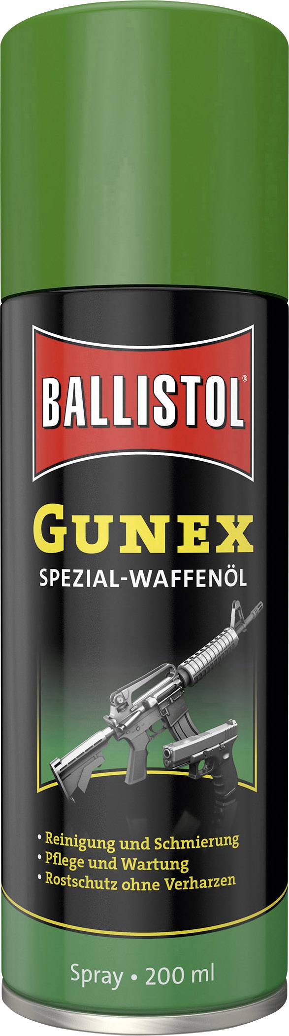 Tin of Ballistol Gunex Special Weapon Oil. Inscription: 'Cleaning and Lubrication, Care and Maintenance, Rust Protection without Resinification'. Illustrations of a submachine gun and long firearm.