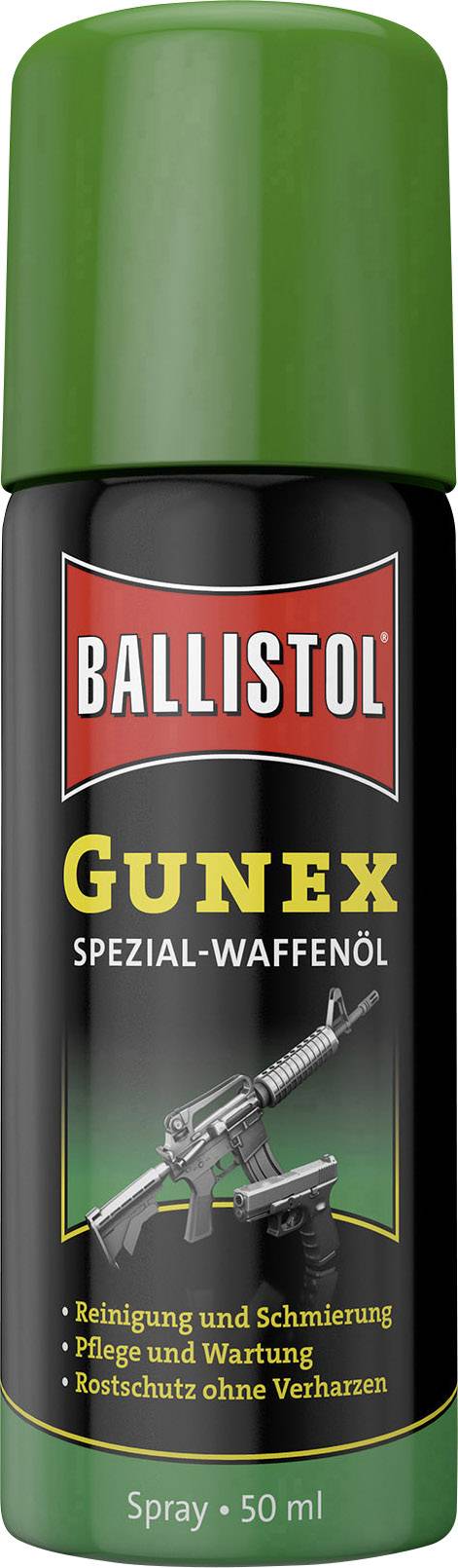 Spray bottle of Ballistol Gunex gun oil for cleaning and lubricating, maintenance and care, rust protection without resin formation, 50 ml contents.