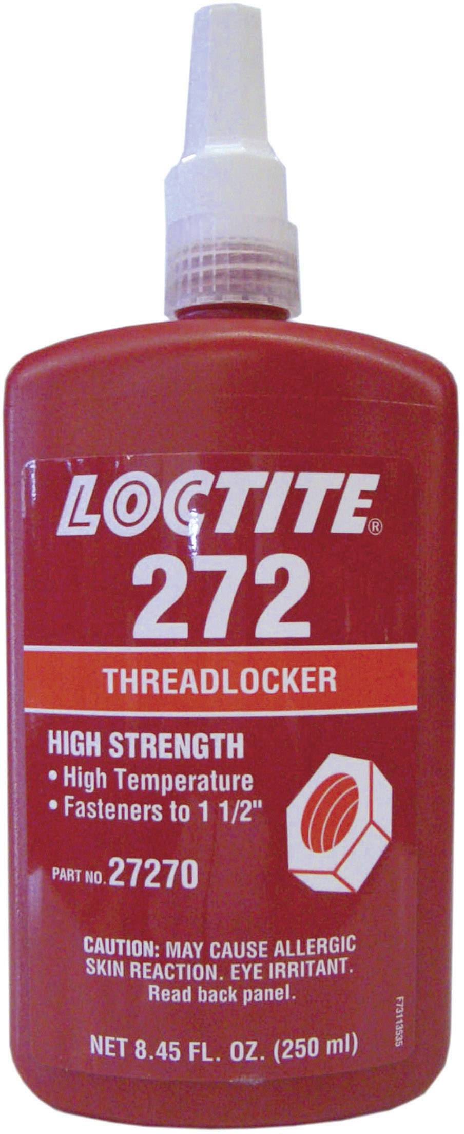 Red bottle with inscription 'LOCTITE 272 Threadlocker'. Suitable for high temperatures. Caution: Possible skin reactions.