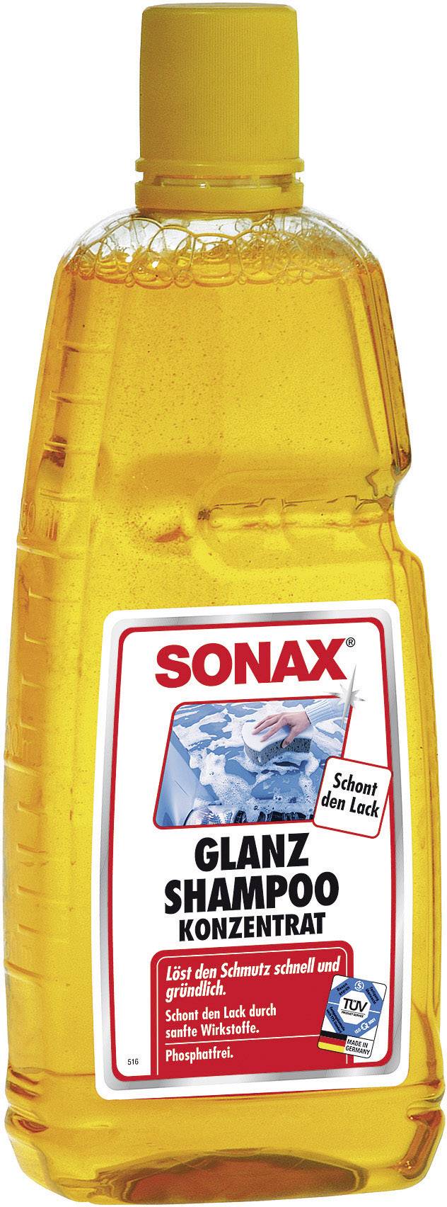 A bottle of Sonax Gloss Shampoo Concentrate. Yellow liquid car care product for paint protection. Ideal for keeping car paintwork clean.