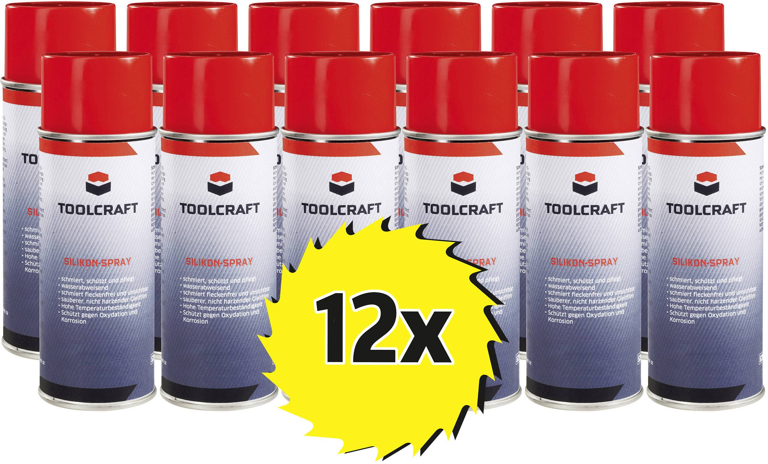 Twelve cans of TOOLCRAFT spray paint in red with yellow 12x sticker.
