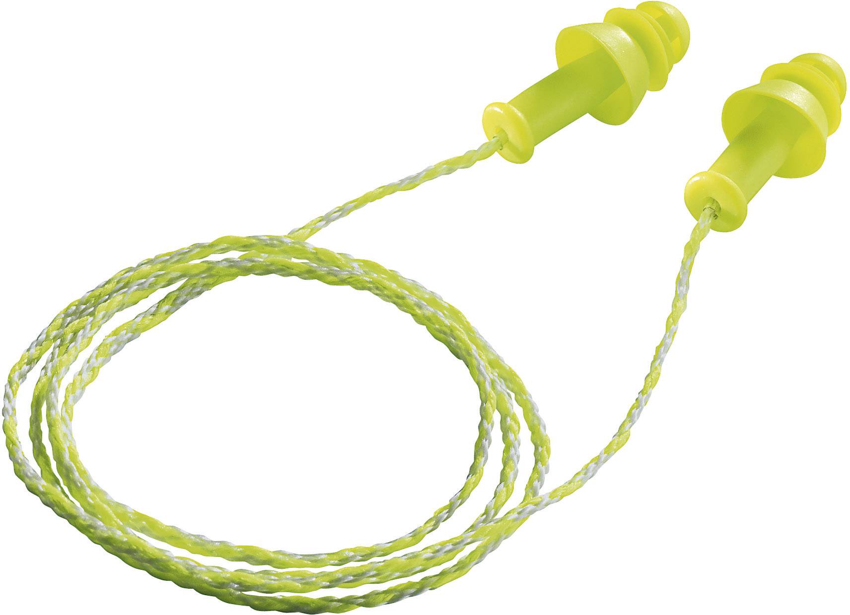 A pair of yellow earplugs with a cable, presumably for noise reduction or ear protection in loud environments.