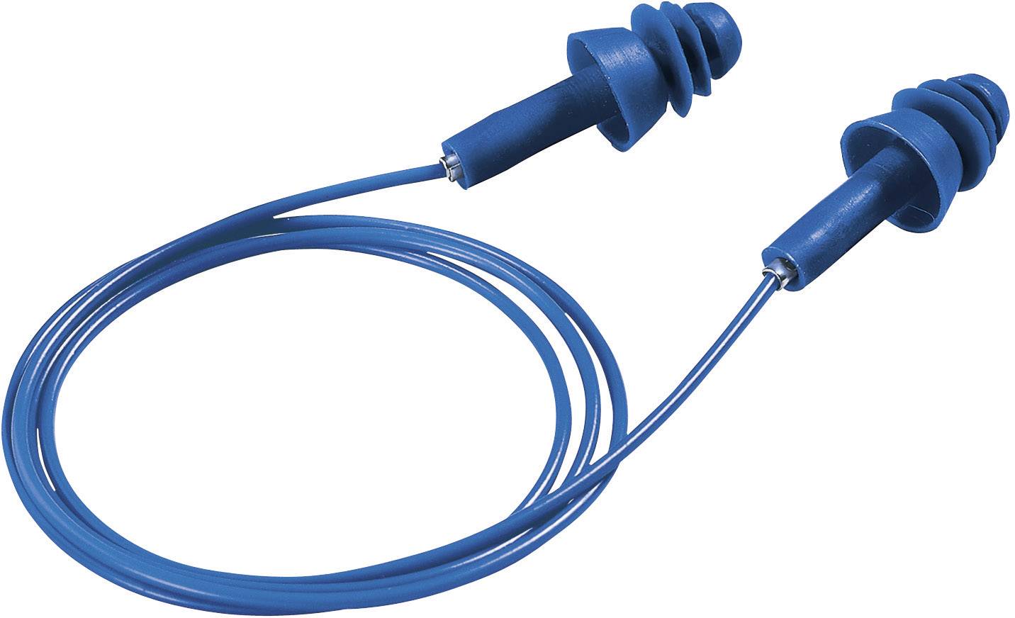Blue ear plugs with a thin cable, suitable for noise reduction.