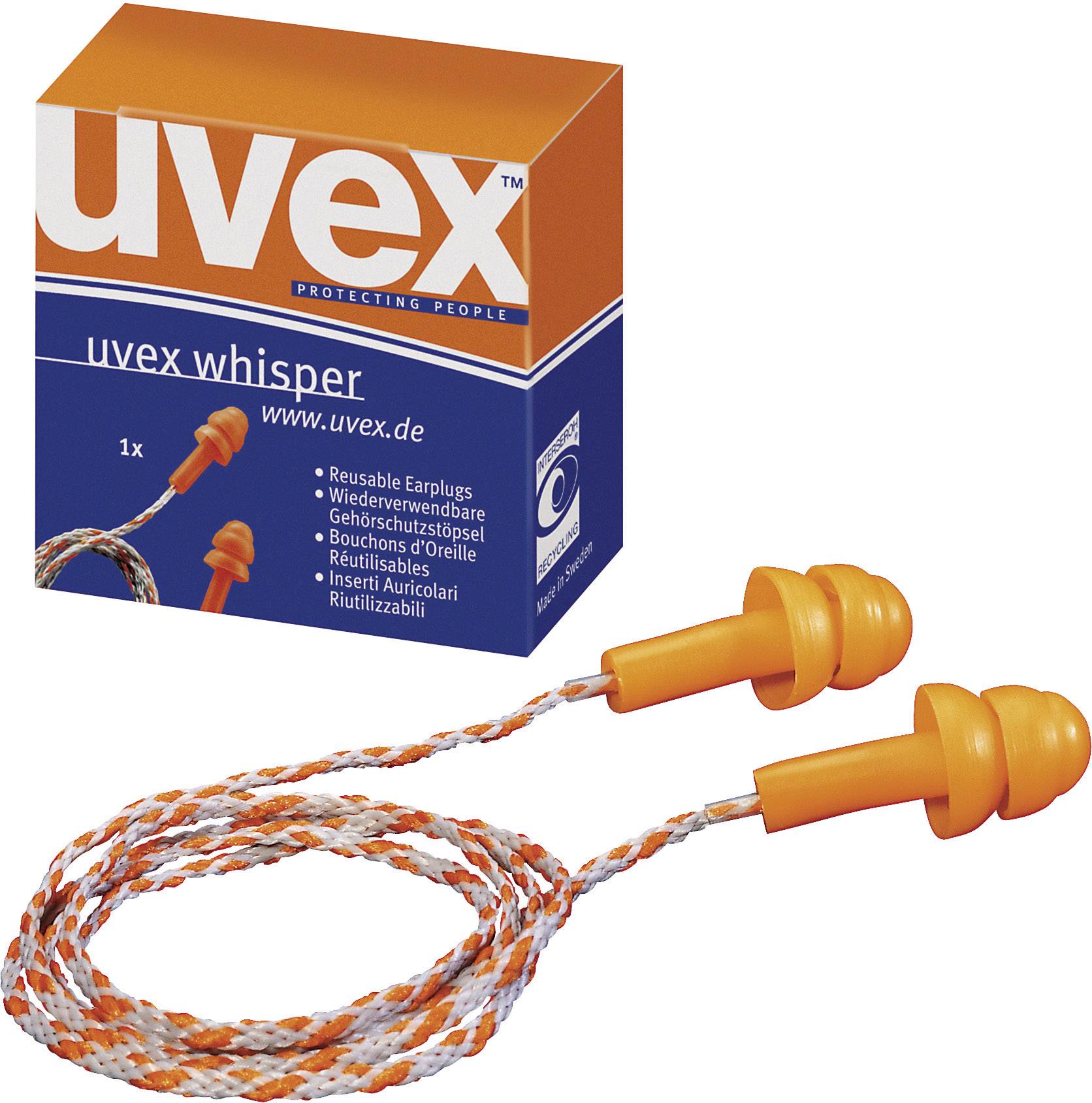 Uvex whisper earplugs, reusable, orange, with cord. Packaging displays product image and uvex brand.