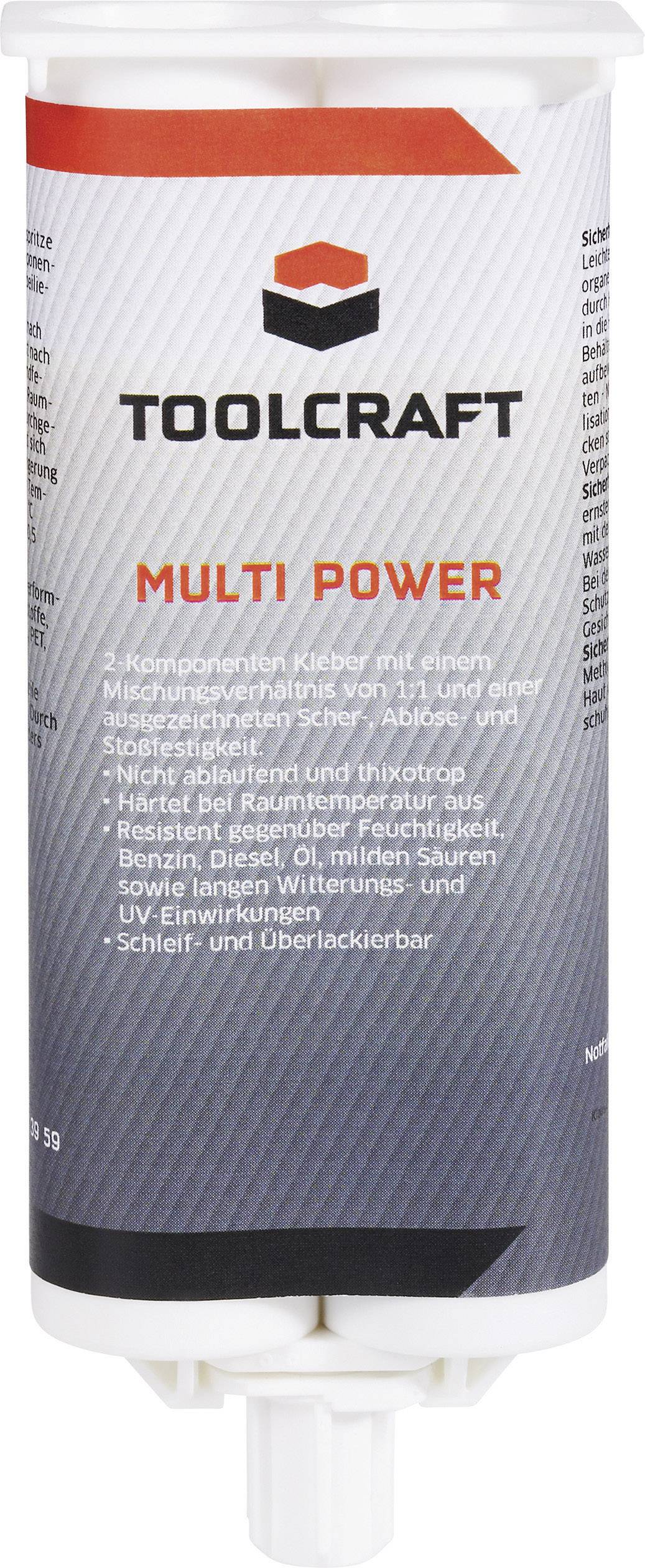 Cartridge packaging for a two-component adhesive by the Toolcraft brand, with 'MULTI POWER' lettering, designed for quick bonding.