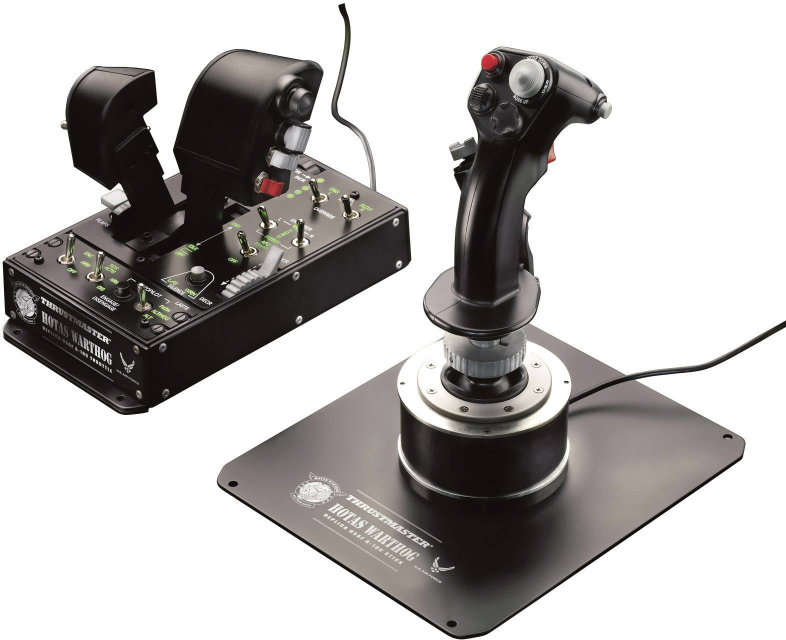 A black joystick and control console with buttons and levers used for flight simulation games.
