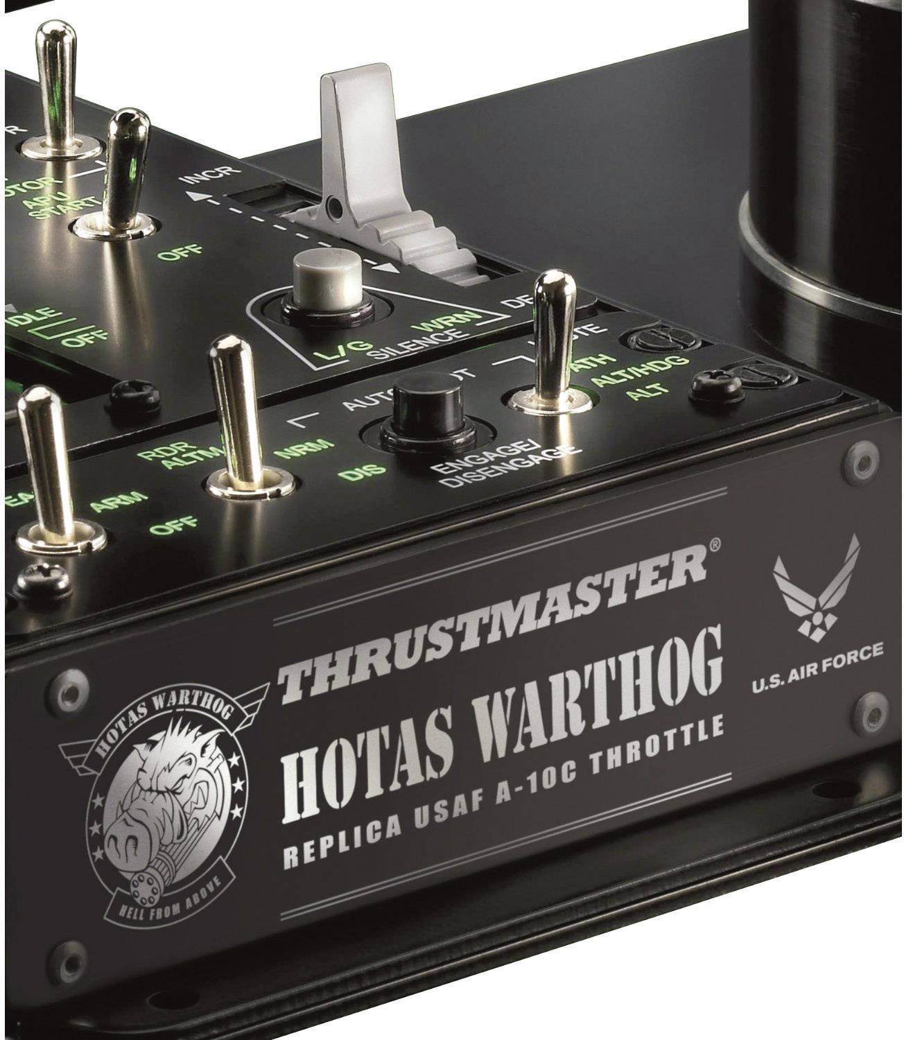 Thrustmaster HOTAS Warthog, a professional joystick with US Air Force design, includes numerous switches and a throttle lever.