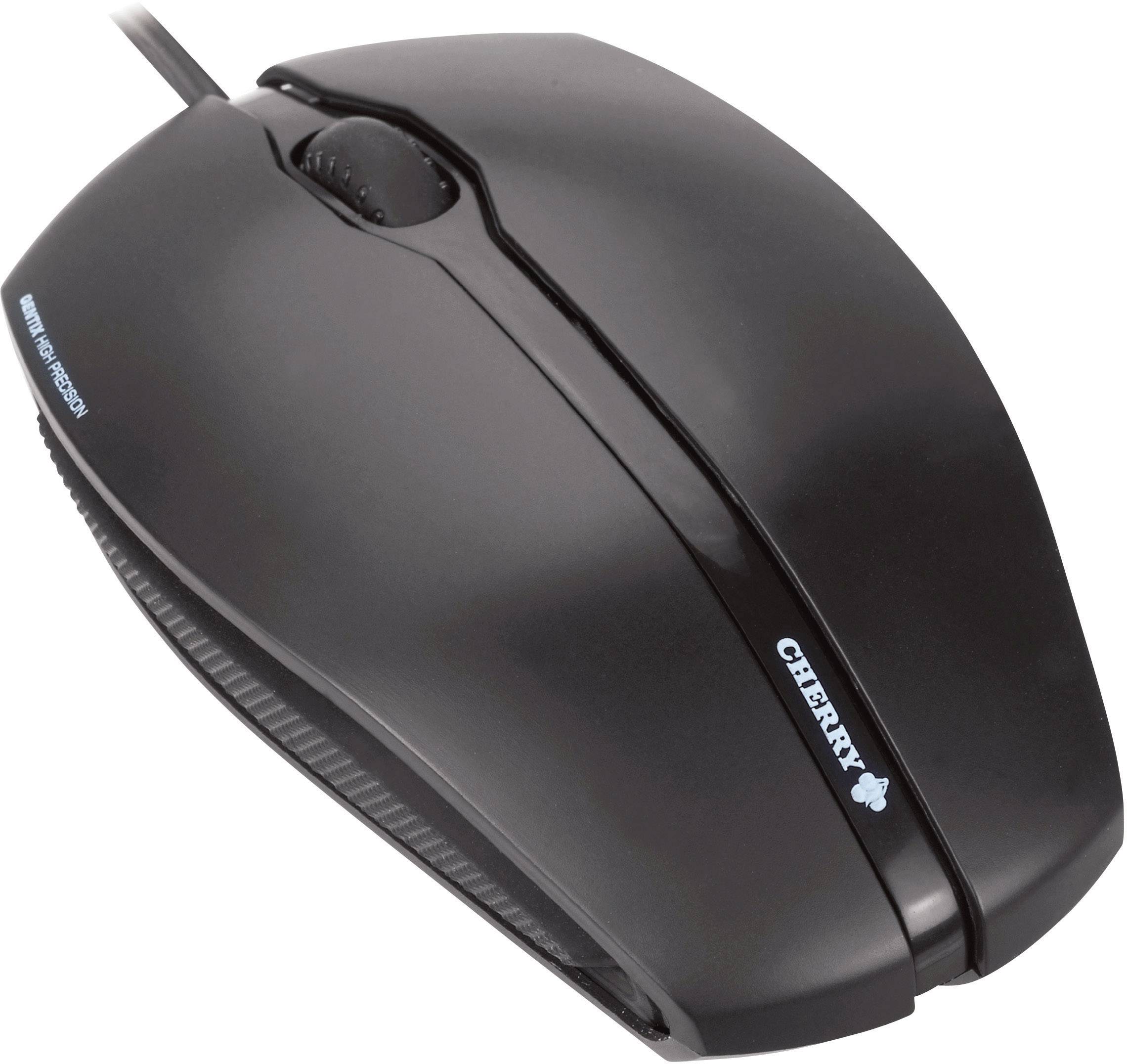 Black computer mouse with cable, model label 'CHERRY'.