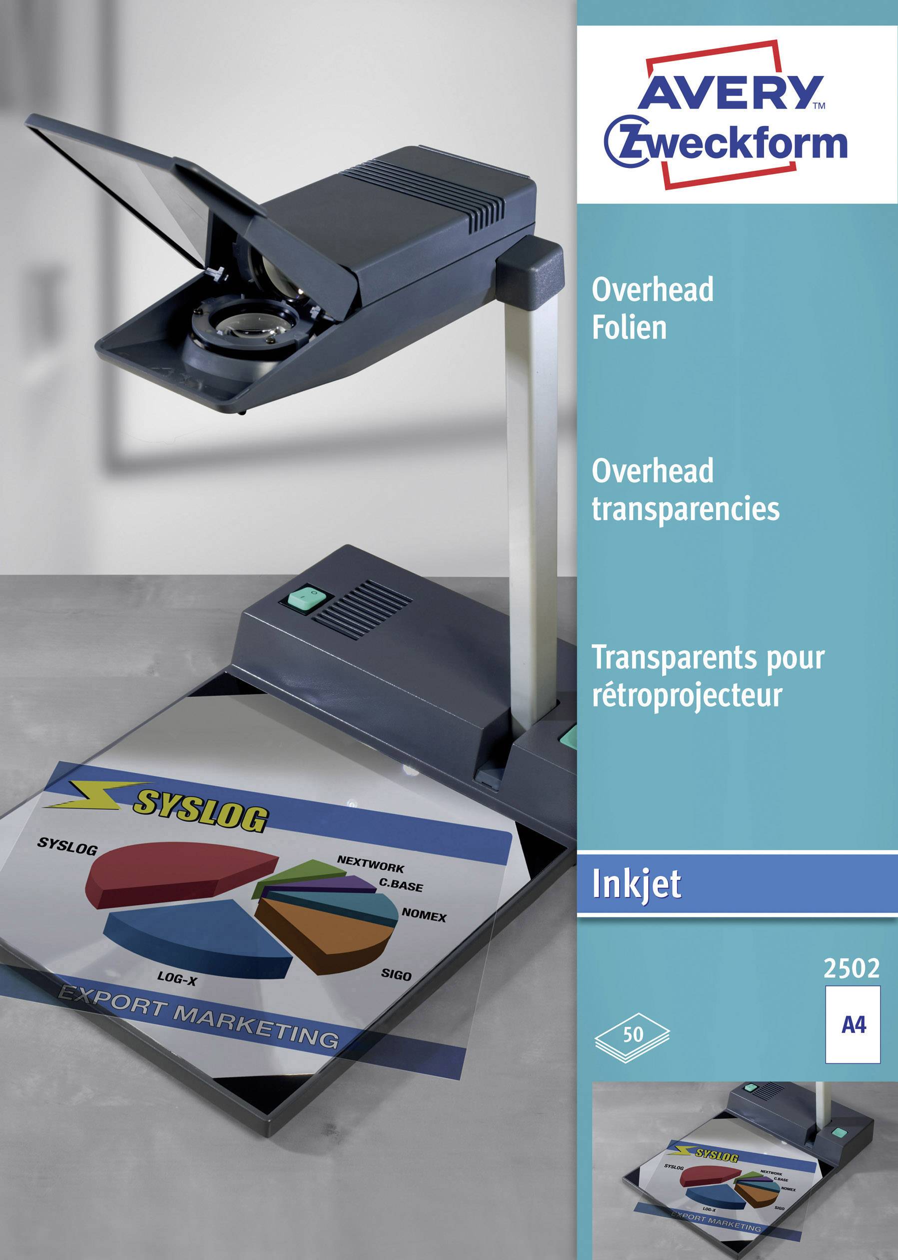 Overhead projector with transparency and 3D diagram in blue, red, green. 'Avery Zweckform' packaging shows 'Overhead Transparencies'.