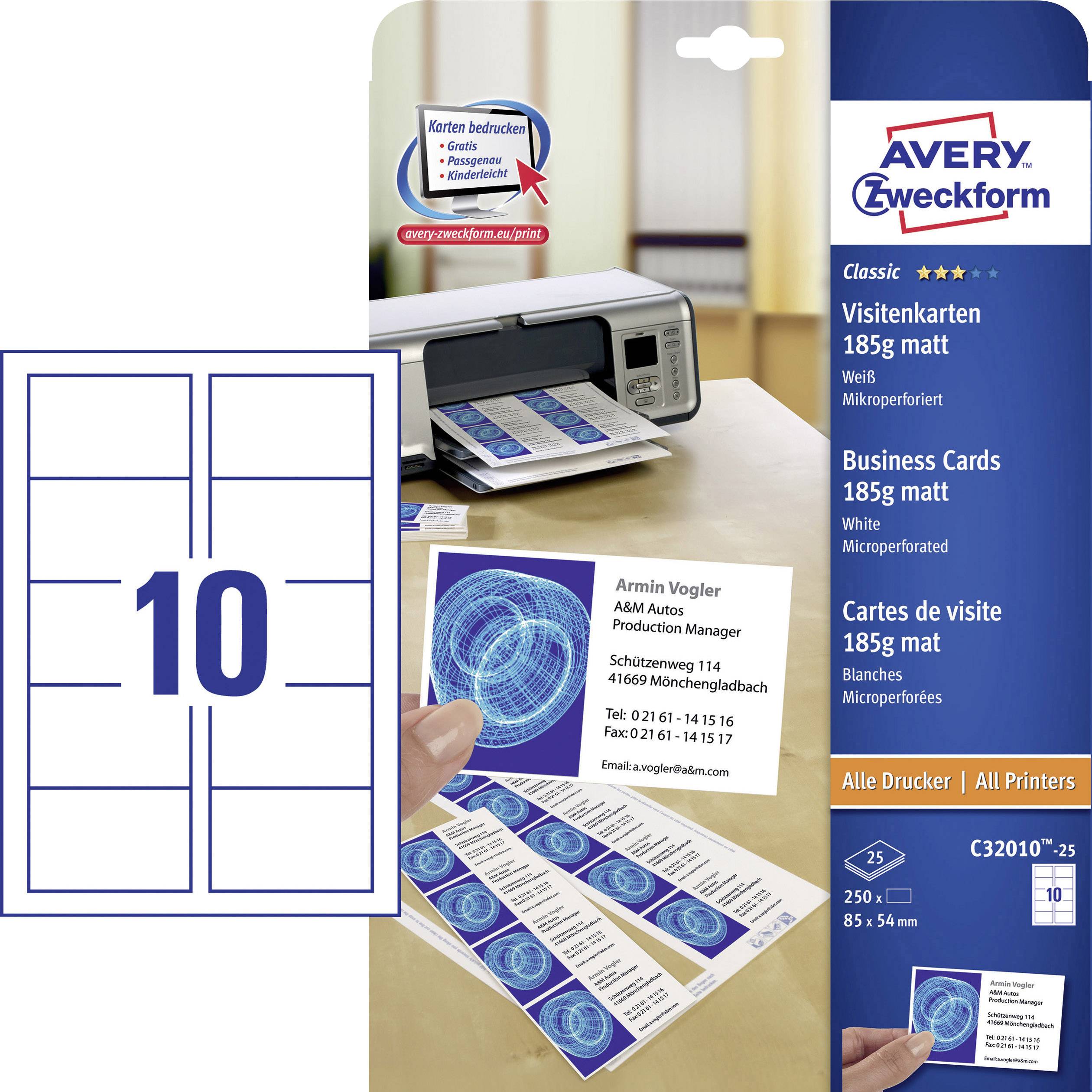Packaging for Avery Zweckform Business Cards, 185gsm, 10 cards per sheet, suitable for all printers. Example of a printed card.