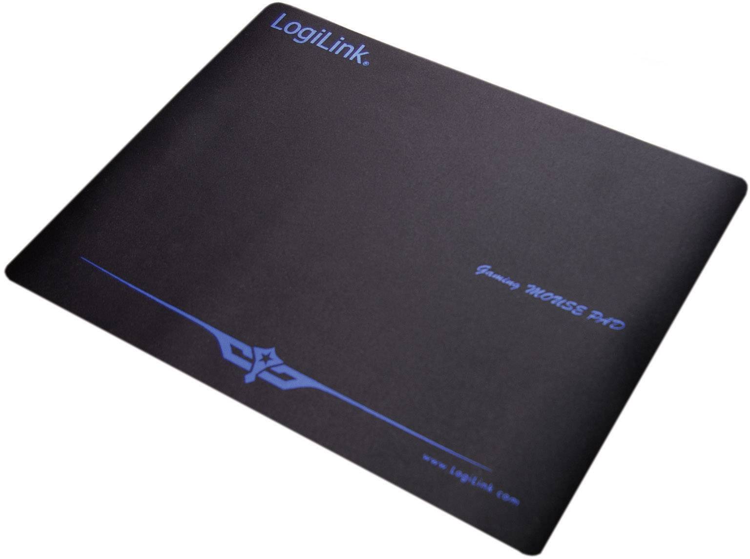 Black LogiLink mouse mat with blue design and 'Gaming Mouse Pad' text.