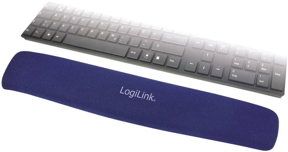 A black computer keyboard sits behind a blue wrist rest cushion with the inscription 'LogiLink'.