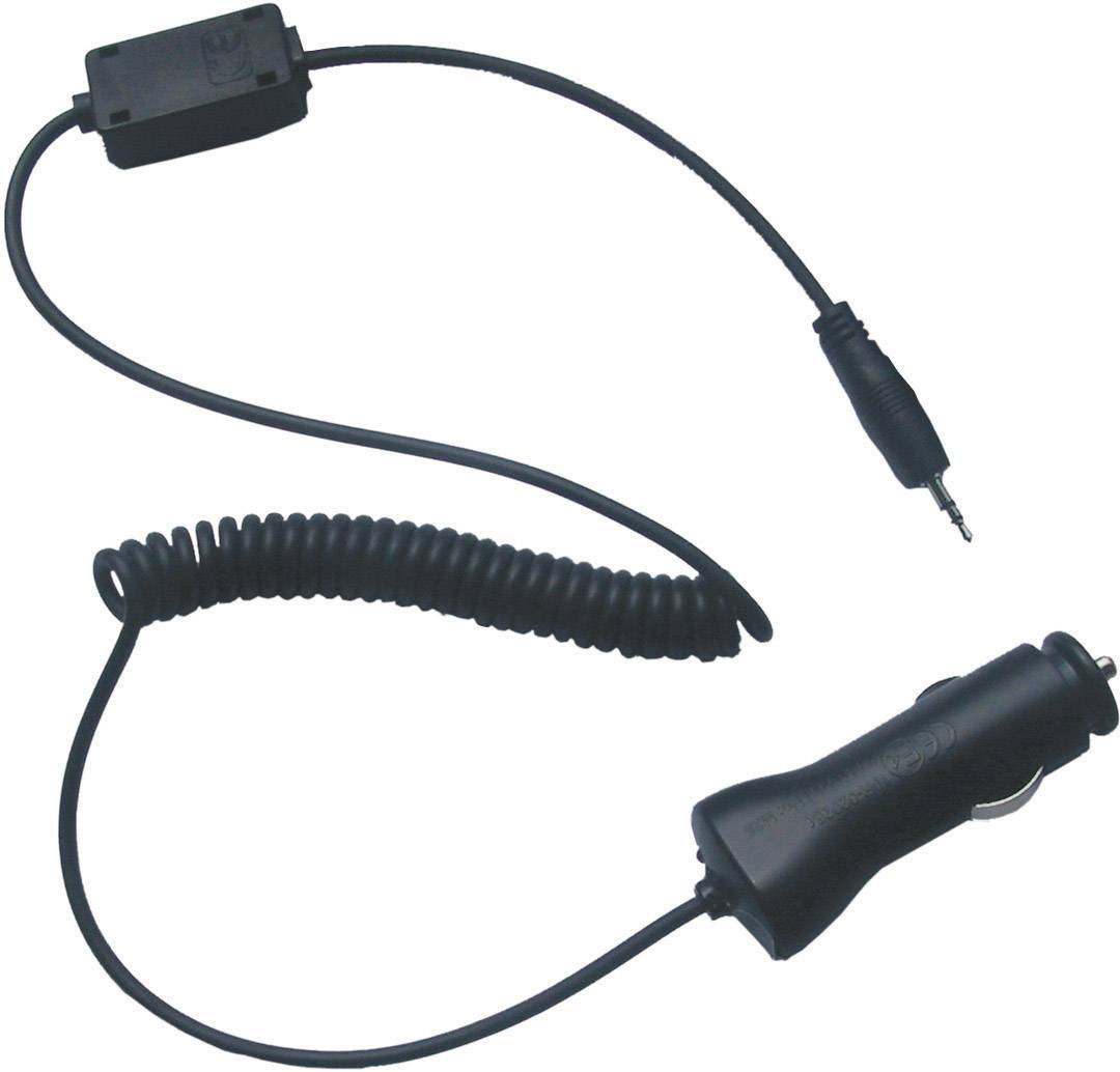 Car charger with coiled cable, 12V plug and 3.5 mm jack plug for audio or charging connection in vehicles.