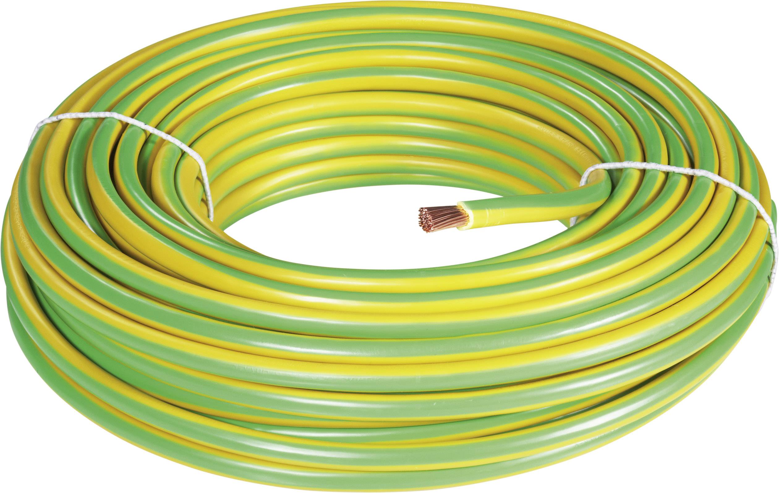 Green and yellow cable, coiled, with exposed copper wire at the end. Typical for earthing purposes in electrical installations.